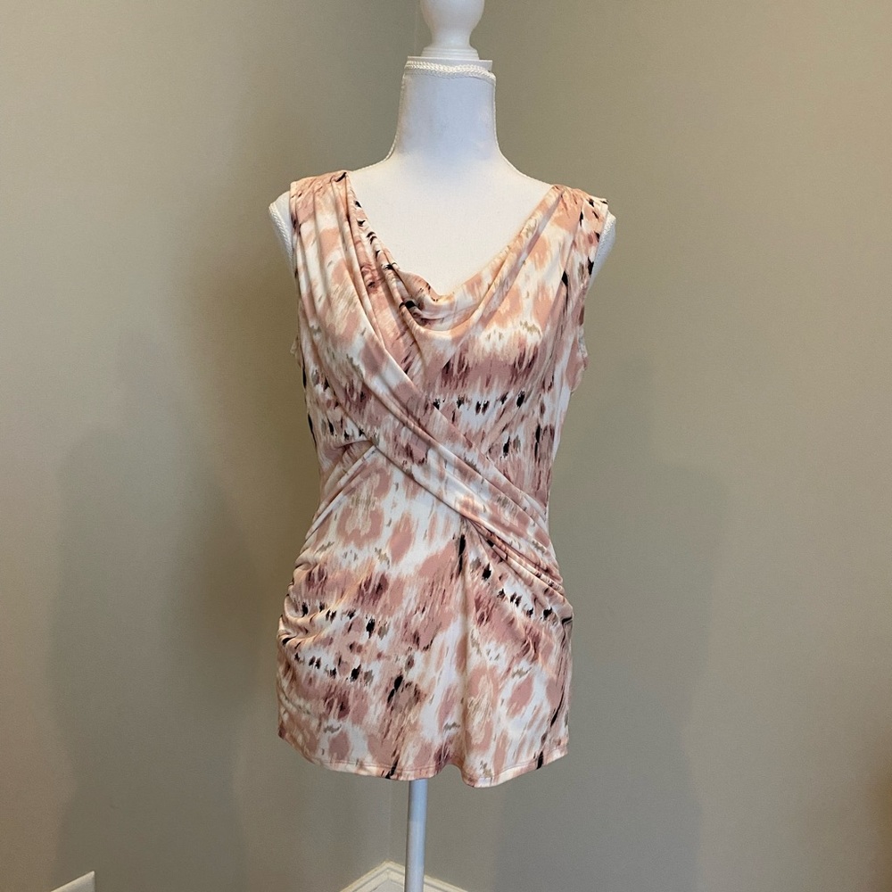 Dusty Pink, Brown, and White Patterned Sleeveless Top with Faux-Wrap Design